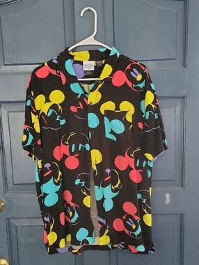 Disney Black Short-Sleeve Shirt with Neon Red, Yellow, Teal, Purple Mickey Print